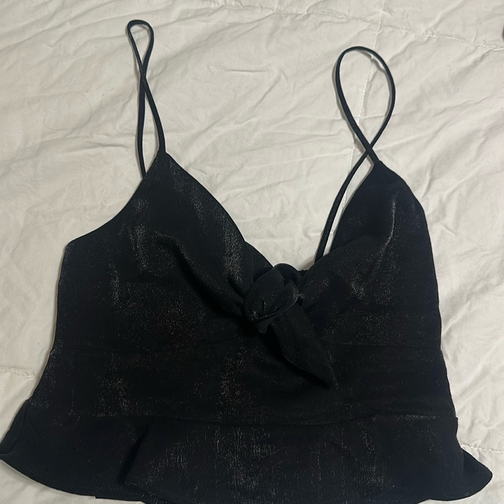 Zara NWOT black shimmer strap or flutter tank with bow tie sweetheart detail